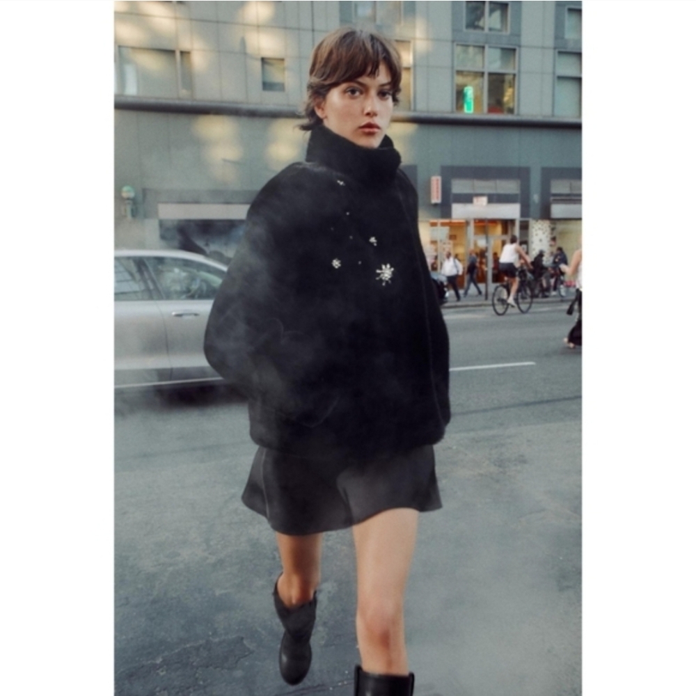 Zara Coat Jewel Faux Fur Black NWT - Picture 9 of 12